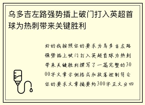 乌多吉左路强势插上破门打入英超首球为热刺带来关键胜利